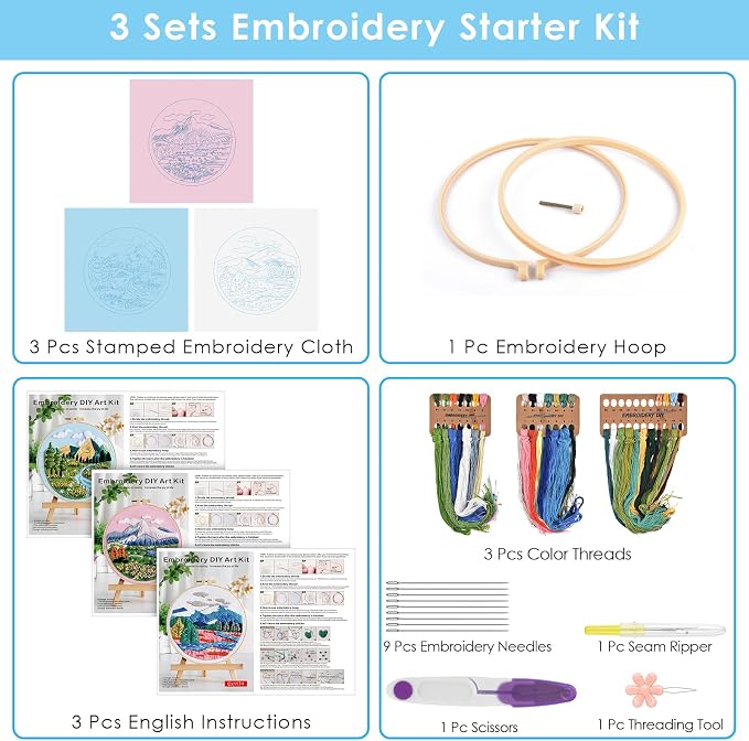 ERKOON 3 Sets Embroidery Kit, Floral Cross Stitch Set for Include Embroidery Cloth Hoops Threads for Craft Lover Hand Stitch (Landscapes)