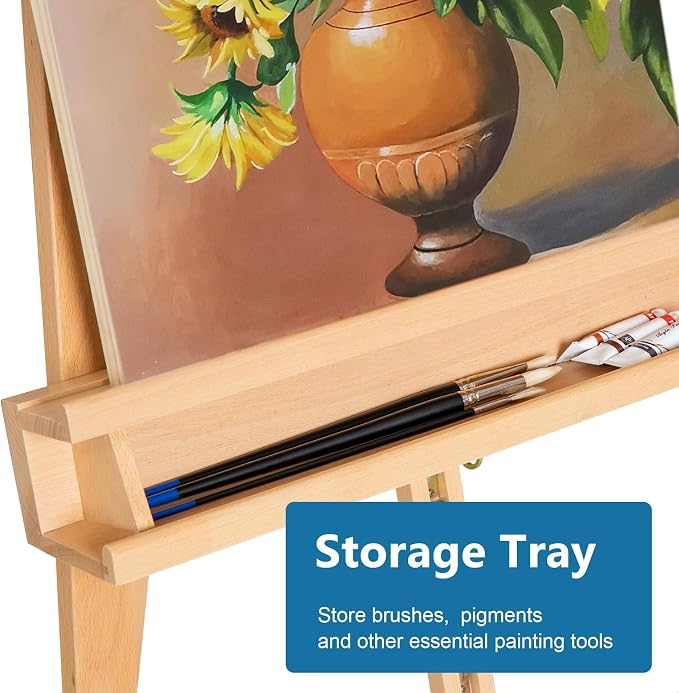 Adjustable Beechwood A-Frame Studio Easel with Storage Tray, Natural