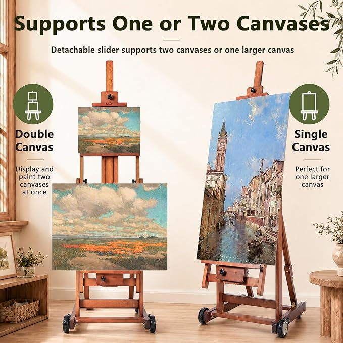 DJAR Large H-Frame Painting Easel for Adults, Solid Beech Wood, Walnut | Movable & Tilting Flat Floor Stand, Holds Canvases up to 78", Adjustable Heavy Duty Studio Art Easel for Artists