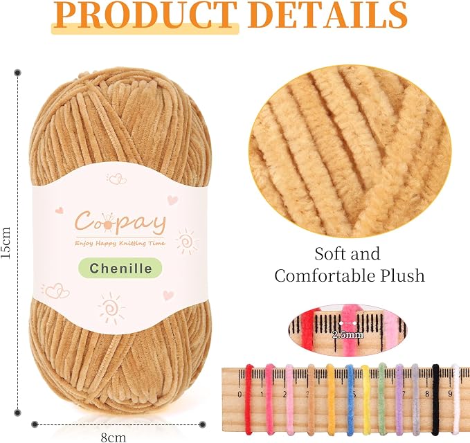 Coopay Thin Chenille Yarn for Crocheting & Knitting, Brown Gradient | Crochet Yarn Set - 600g Total, Velvet Yarn for Colorful Crafts, Blankets, Plush Dolls, Decorative Handmade Works