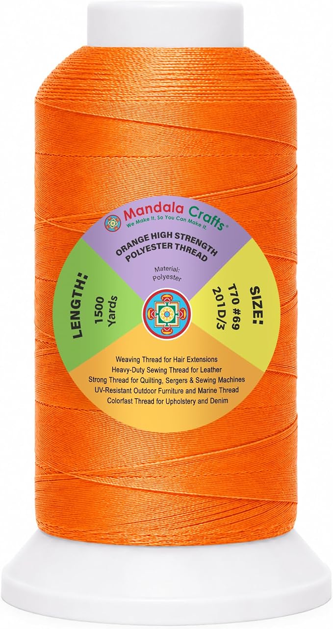 Mandala Crafts Orange Tex 70 Polyester Heavy Duty Thread for Upholstery | 1500 Yds T70 UV Resistant Strong Thread for Leather Sewing, Marine, Drapery, Jeans, Hair Weaving & Extension, Outdoor