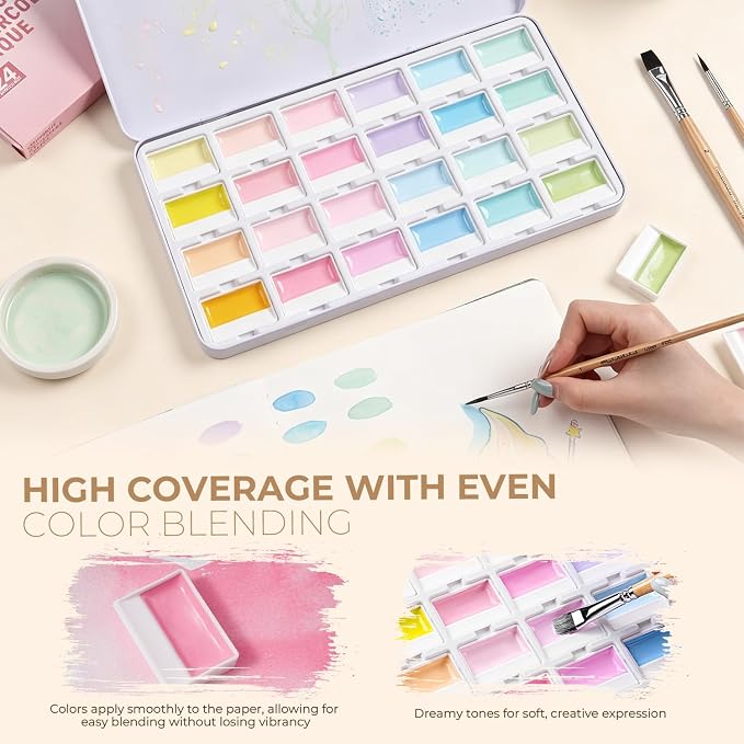 Fuumuui CREAMORA Watercolor Paint Set 24 Colors Opaque Semi-Solid - Muted Cream Dreamy Macaron Tone for Soft Gradient, Professional Art Supplies for Adult Artists & Beginners Painting Sketching