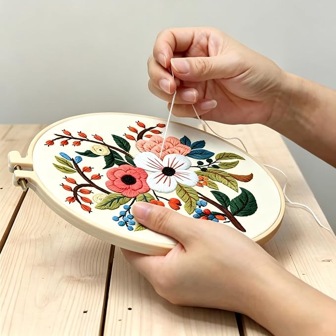 CHIYOSING Embroidery Kit for Beginners Adults, 4 Floral Pattern to Learn Over 30 Different Stitches,Includes Step-By-Step Instructions,Sharp Scissors and 2 Exquisite Hairpins and Multiple Accessories