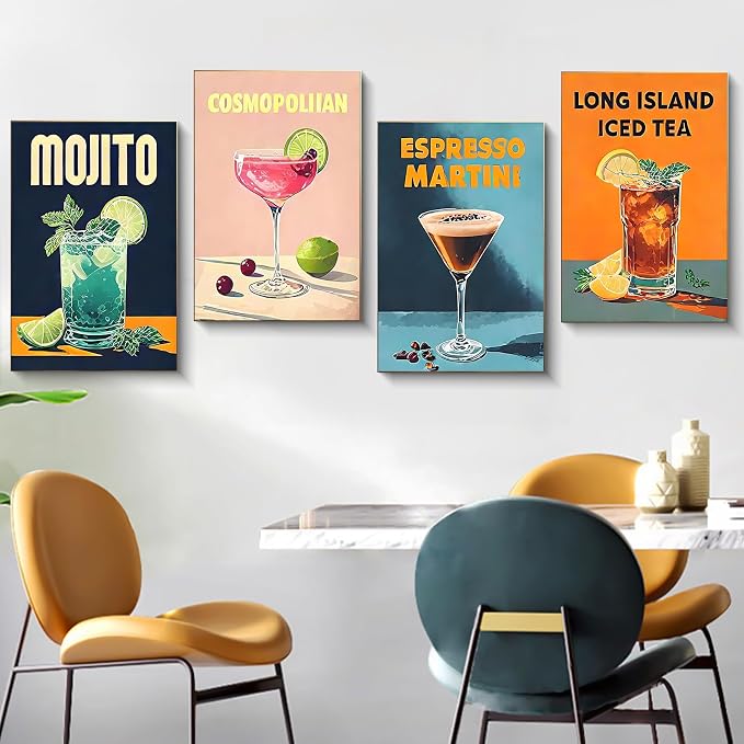4 Pack Framed Paint by Numbers Kit for Adults Cocktail with Wooden Easel | With Frame Canvas 8x12 IN, For Adults Beginner, DIY Acrylic Painting Retro, Stress Relief Craft Kits, Home Wall Decor Gift