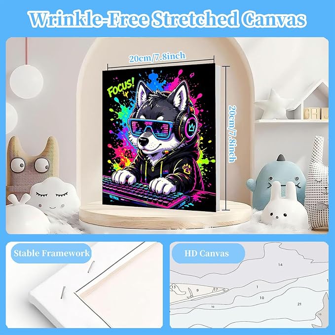 Arttoplus 4 Pack Paint by Numbers Kit for Kids with Frame Animals, 8x8in | Cute Animals Playing Video Games Kids Paint by Numbers Ages 4-8-12 with Wooden Easel, Painting by number for Gift Home Decor