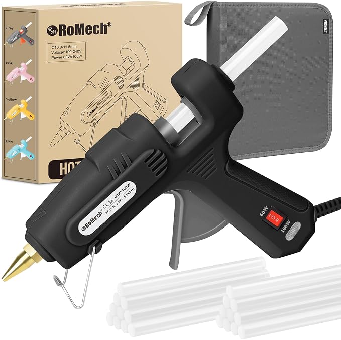 RoMech 60/100W Dual Temp Hot Glue Gun and Sticks Set, Full Size with Case