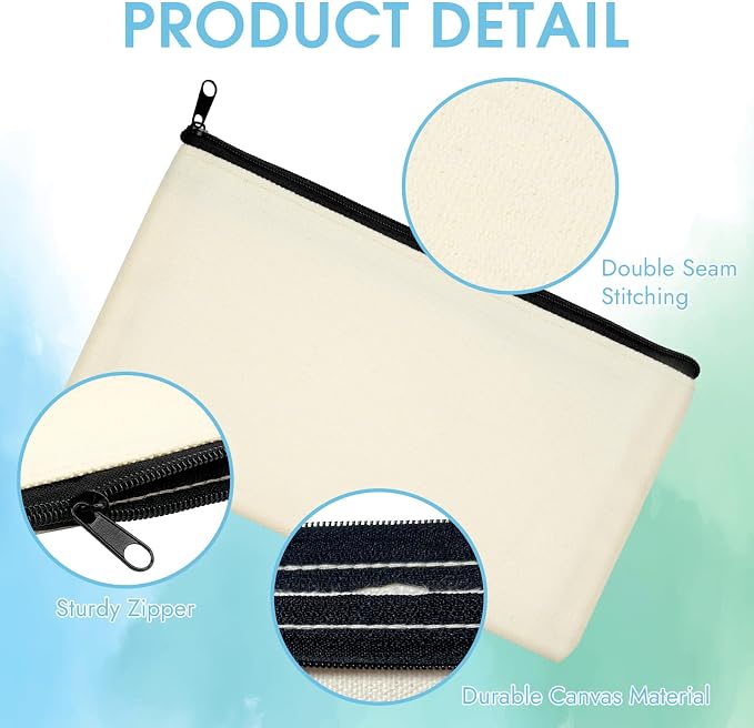 12 Pack Blank Canvas Pencil Pouches Bulk, Sublimation Zipper Bags for DIY | Small Multi-Purpose Canvas Bags with Zipper for Cosmetics, Travel, Travel Toiletries, Craft Projects, Organized 8.2" x 4.7"