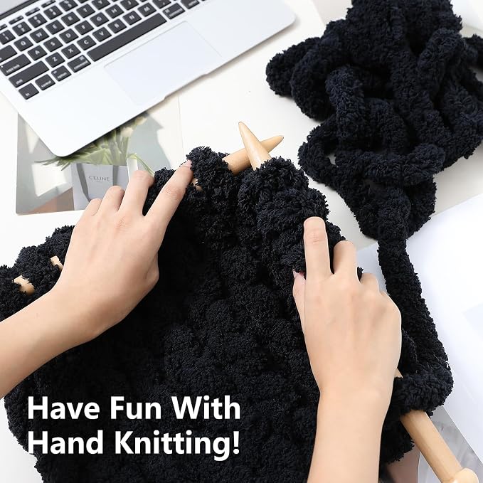 Cozyful Chunky Yarn for Hand Knitting - #10 Chunky Chenille Yarn, Jumbo Big Thick Chunky Yarns for Crocheting, Super Bulky Chunky Knit Blanket Yarns, 8 Skein (22 yds 8 oz Each Skein), Black