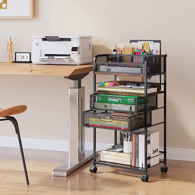 Homsorout Art cart, 5 Tier Rolling Cart - Utility Cart with Storage Drawer and Wheels, Versatile Art & Craft Organizer for Home, Office, or Studio Ideal for Storing Brushes, Paints