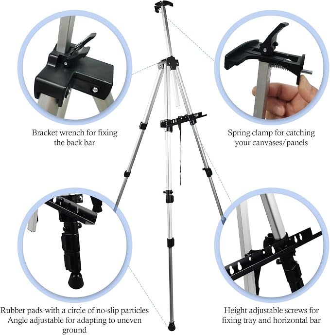 NS JYMB Easel Stand for Sign and Painting, 17-66 Inch Adjustable, Silver | Portable metal tripod easel for display stand, canvas holder, floor, poster board, wedding signs and travel use