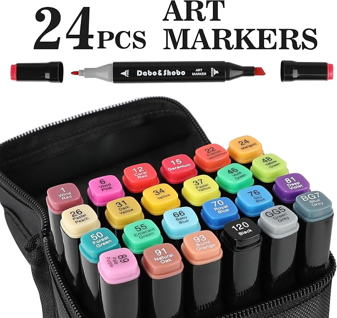 Dabo&Shobo 24 Colors Drawing Markers, Dual Tip Art Markers, Coloring Marker For Adult Sketching And Coloring (Pack of 3)