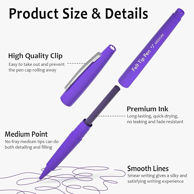 Lelix Felt Tip Pens, 40 Purple Pens, 0.7mm Medium Point, Felt Tip Markers Pens for Journaling, Writing, Note Taking, Planner, Perfect for Art Office and School Supplies