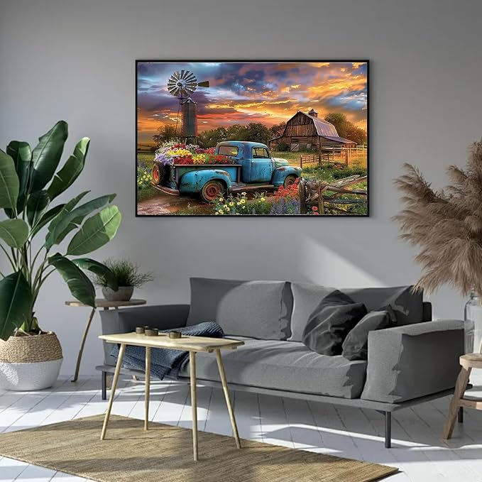 Farmhouse Truck Flower Paint by Numbers Kit for Adults Canvas,Frameworkless | Easy Adult Paint by Number Kits on Canvas DIY Truck Flower Painting for Beginners Art by Numbers for Home Wall Decor Gift