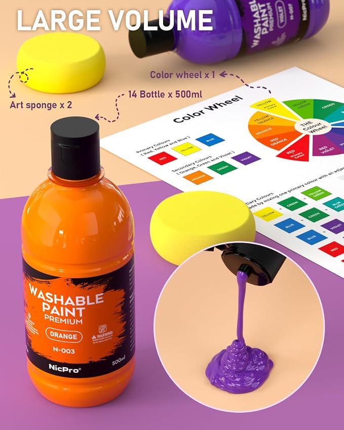 Nicpro 14 Colors Large Washable Paint Set for Kid (16.9oz), Acrylic Bulk | Paint Supplies Non Toxic Tempera Paint for Art, Craft, Poster & Finger Paint, Home, School, Teacher Classroom Must Have