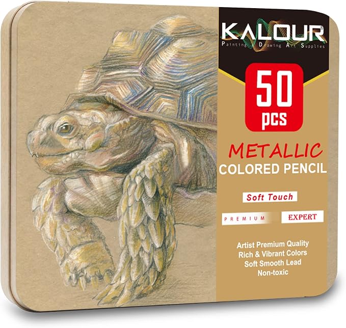 KALOUR 50 Piece Metallic Colored Pencils for Adult Coloring,Soft Core with Vibrant Color,Ideal for Drawing Blending Sketching Shading,Coloring Pencils for Adults Beginners