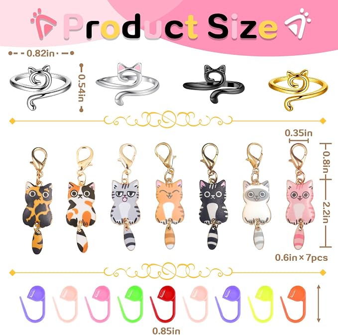 4PCS Adorable Crochet Rings with 7PCS Cat Stitch Markers and 20PCS Stitch Needle Clip Counter,Adjustable Tension Rings for Finger Accessories and Gadgets,Ideal Yarn Guide Ring Knitting Tools for Women
