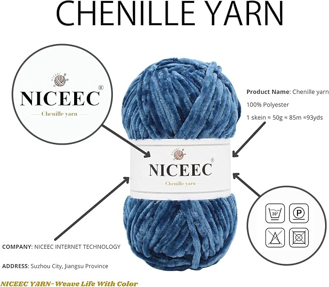 NICEEC 3 Skeins Soft Chenille Yarn 3 x85m (3X 93yds, 3X 50g)_Navy Blue