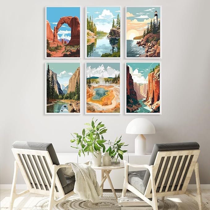 6 Pack Paint by Numbers Kit for Adults Beginner National Park 8x12 Inch | Without Frame Canvas, DIY Acrylic Painting by Numbers National Parks Landscape, Stress Relief Craft Kits, For Home Decor Gift