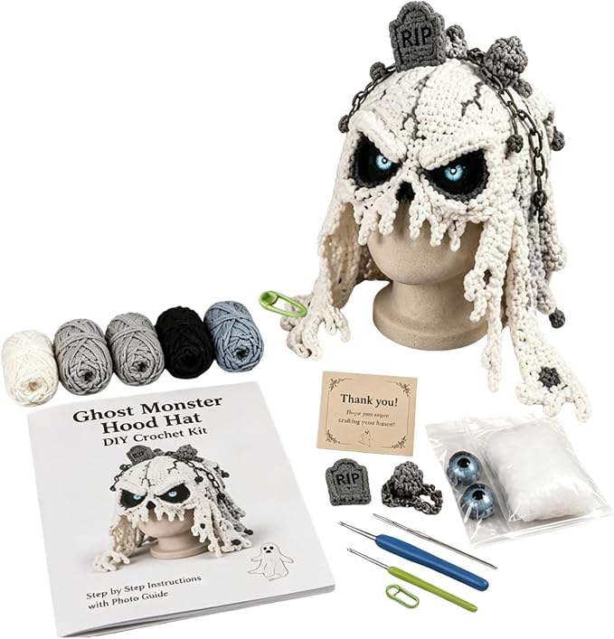 Halloween Hat DIY Crochet Kit, Fantasy Hood Hat DIY Crochet Kit, Ghost