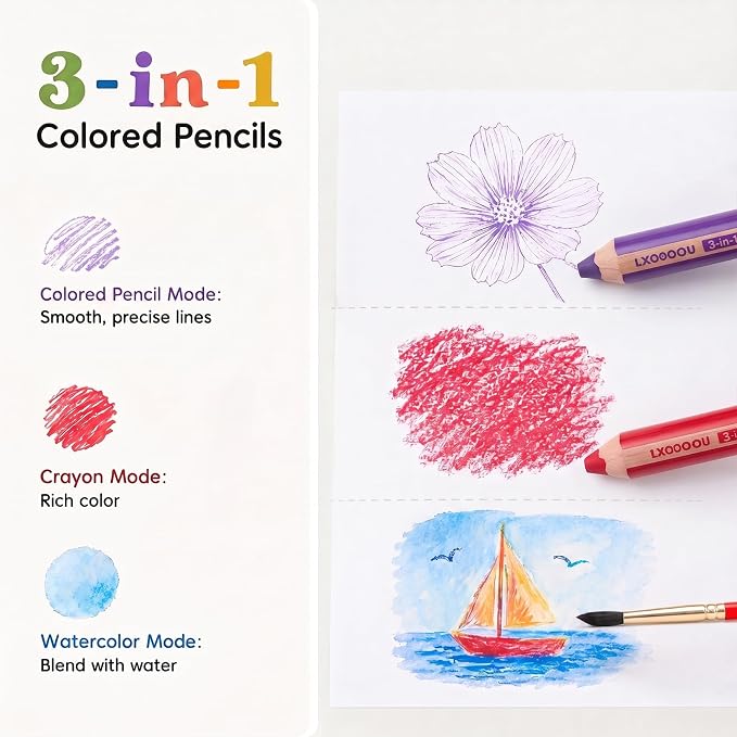 3 in 1 Colored Pencils Set, 12 Jumbo Fat Watercolor Crayons | 3-in-1 Set: Includes 12 jumbo pencils, 1 sharpener & 1 water brush. Use as colored pencils, crayons & watercolor pencils