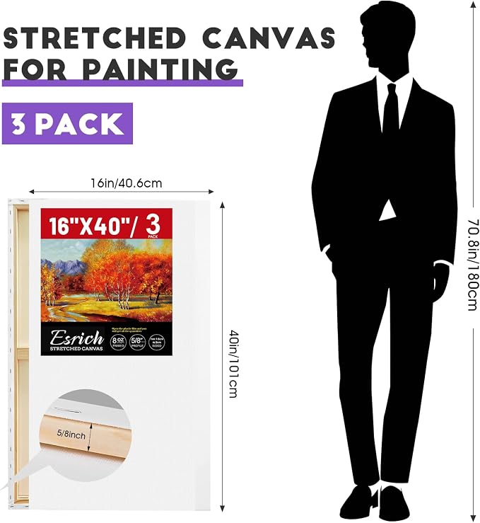 ESRICH Stretched Canvas for Painting 16x40 Inch, 3Pack Large Canvas for Painting, Triple Primed Acid-Free Cotton Blank Canvases for Oil, Acrylic, Watercolor & Gouache for Paint Parties, Art Classes