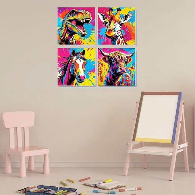 Arttoplus 4 Pack Paint by Numbers Kit for Kids with Frame, Animals 8x8in | Kids Paint by Numbers Ages 4-8-12 with Wooden Easel, Dinosaur Cow Horse Giraffe Oil Painting by number for Gift Home Decor