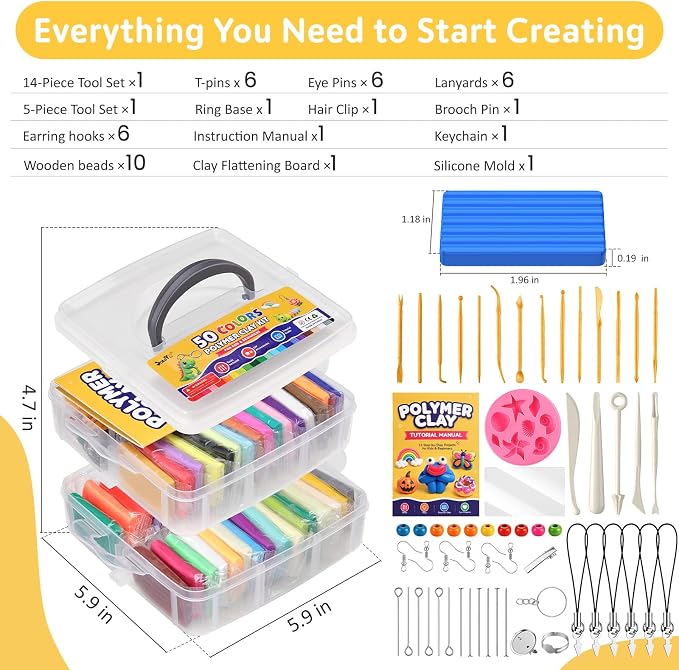 Polymer Clay Kit 50 Colors, Oven Bake Clay for Kids & Artists | DIY clay kit with sculpting tools & accessories; easy-shape, non-sticky, colorful clay for classroom, home crafts & gifts.