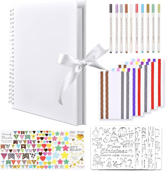GOTIDEAL 12 x 12 Inch Scrapbook Album with 10 Metallic Markers, White | 80 Pages Craft Paper Photo Album for Wedding and Anniversary, Family DIY Photo Album with Scrapbooking Stickers Corners