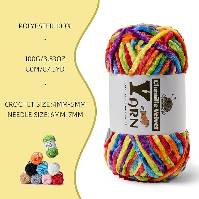 Chenille Crochet Rainbow Yarn 3 Pack