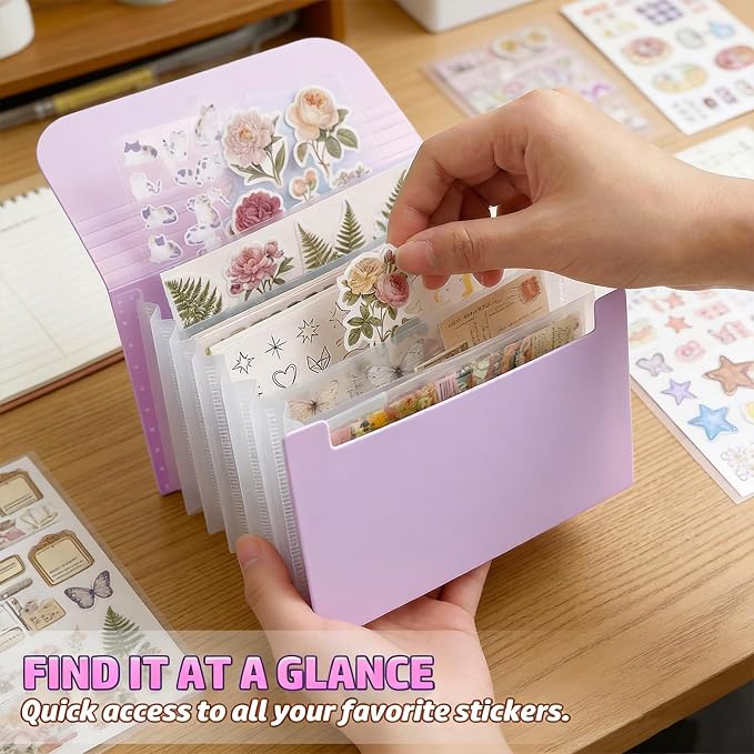 Sticker Storage Organizer with 7 Expandable Pockets, Multi-Layer Desktop Sticker Binder for Scrapbook Essentials and Journal Organizer, Large Capacity for Thick Sticker Album, Washi Tape(Light Purple)