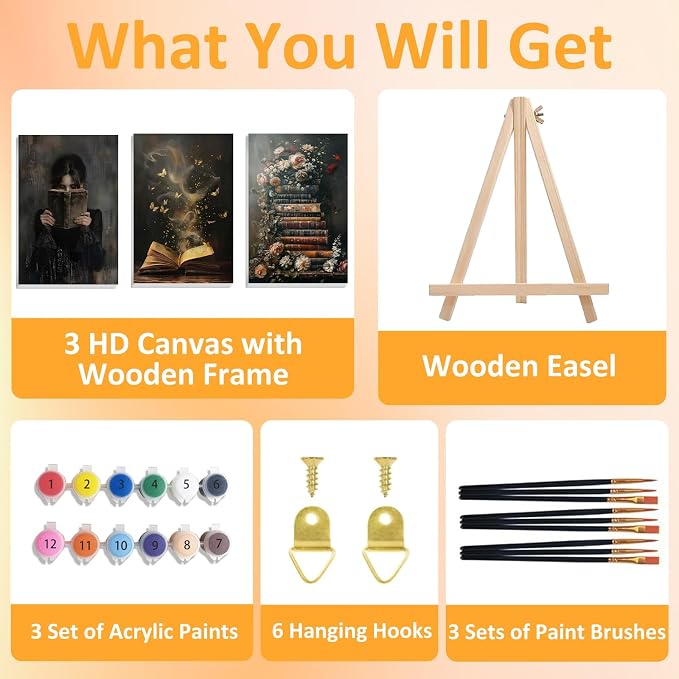 Mandun Book Paint by Numbers Kit for Adults, 3 Pack, 7.8x11.8 inch | DIY Painting Kits Crafts for Adults, Relieve Stress, Frame Canvas, Wooden Easel, Gift Box, Home Wall Decor