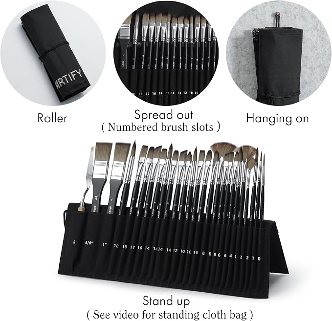 ARTIFY 25 Pieces Professional Paint Brush Set – Expert Series Synthetic Nylon Brushes for Acrylic, Oil, Watercolor, Gouache – No Shedding, Canvas Roll Case & Palette Knife, Artist Gifts Art Supplies