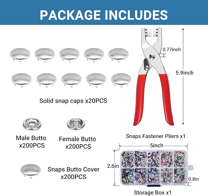 200 Sets Metal Snap Buttons with Fastener Pliers Press Tool Kit, Silver Solid Sewing Snaps for Fabric,Prong Snap Button Kits for DIY Crafting Clothing Sewing (9.5mm / 800 PCS)