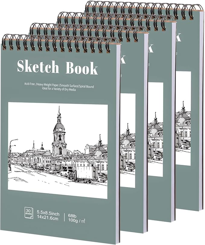 4 Pack Small Sketch Books, 5.5 × 8.5 in, Spiral Bound, 30 Sheets | 100gsm Acid-Free Paper, Hardcover Backing, Lays Flat, for Beginners, Artists & Back To School Gifts