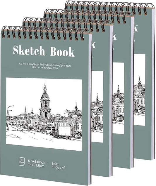 4 Pack Small Sketch Books, 5.5 × 8.5 in, Spiral Bound, 30 Sheets | 100gsm Acid-Free Paper, Hardcover Backing, Lays Flat, for Beginners, Artists & Back To School Gifts