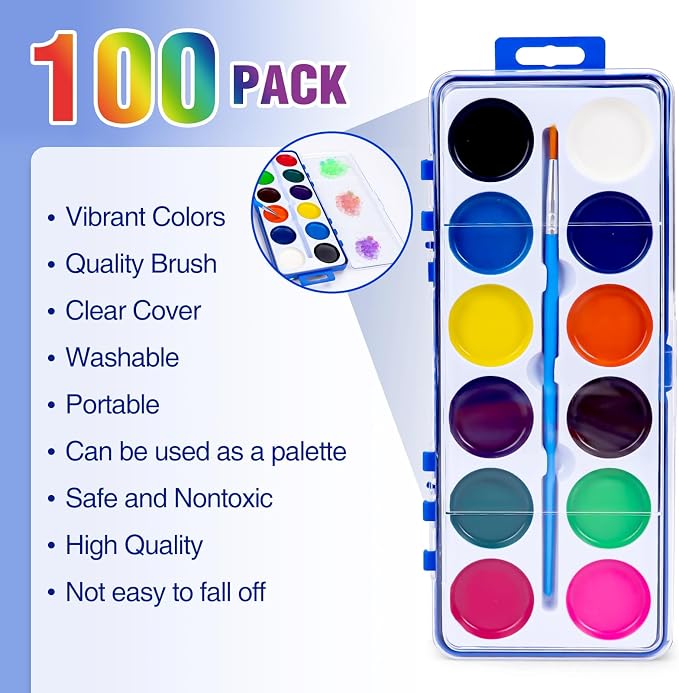 100 Pack Watercolor Paint Set Bulk for Kids, 12 Color Washable Water Colors | Non-Toxic Water Paint with Paintbrush, Water Color Paint Set for Kids, Beginners and Adults, Ideal for Party Favor, Classroom