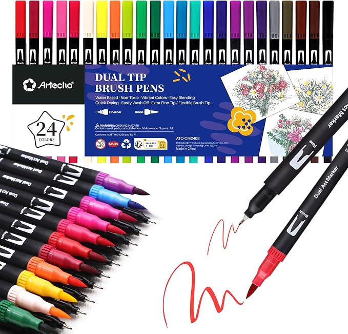 Artecho 24 Colors Dual Tip Markers for Adult Coloring Books | Drawing Pens For School, Fine and Brush Tip, Calligraphy, Drawing, Sketching