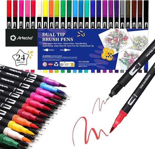 Artecho 24 Colors Dual Tip Markers for Adult Coloring Books | Drawing Pens For School, Fine and Brush Tip, Calligraphy, Drawing, Sketching