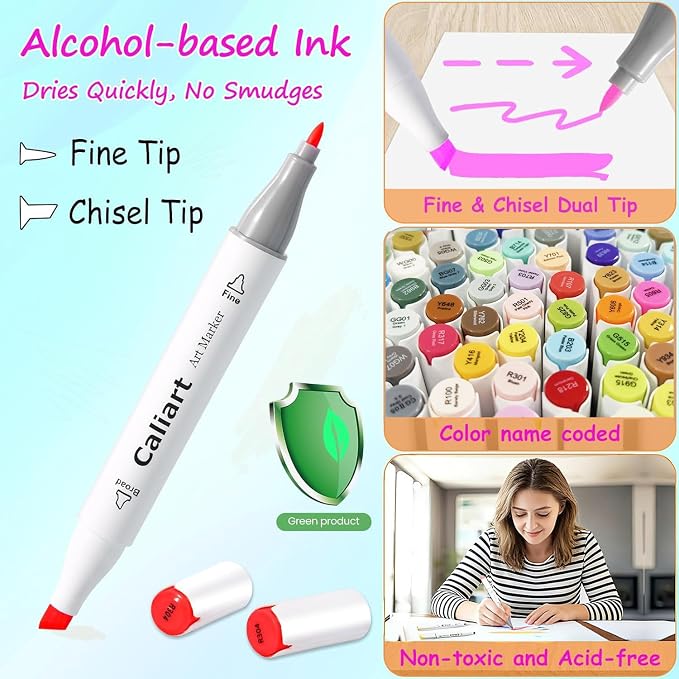 Caliart 81 Colors Alcohol Markers for Adult Coloring Books, Fine & Chisel | Dual Tip Art Markers Permanent Sketch Pens for Artists Beginners Hobbyists, Illustration Drawing Colored Markers with Case