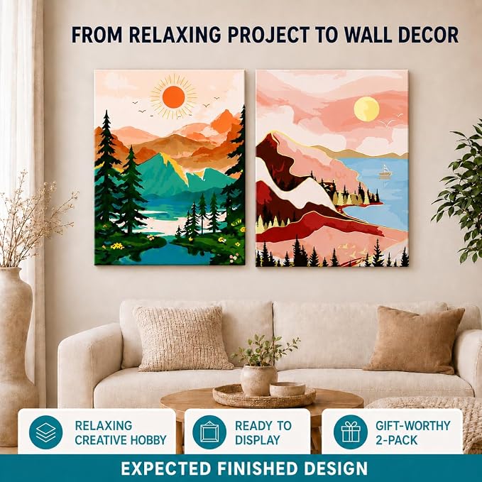 Craftensa 2 Pack Pre-Framed Paint by Numbers Kit for Adults & Beginners, 16x20 inches Landscape Canvases, DIY Acrylic Painting Set, Ready to Hang Wall Decor, Relaxing Creative Gift for Women & Men