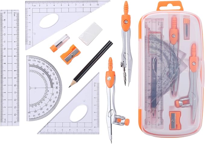 Unjoo Math Geometry Set 10 Pcs,Compass and Protractor for Students,Orange | Shatterproof Storage Box,Rulers,Protractor,Compass,Eraser,Pencil Sharpener,Lead Refills,Pencil,for Classroom, Back to School