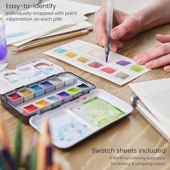 ARTEZA Watercolor Paint Set, 12 Metallic Watercolor Paints, Glitter Watercolor Paint in Half Pans, Travel Watercolor Set | Water Brush Included, Refillable Pans, Mica Shimmer, For Watercolor Paper, Sketchbooks, Journaling and Mixed Media