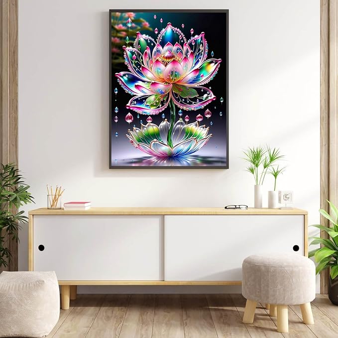 Meothan Diamond Art Kits for Adults Lotus Diamond Painting Kit 12x16in | 5D Lotus Diamond Art Painting Kit for Adult, DIY Full Round Drill Flowers Gem Art Diamond Dots Kits for Home Wall Decor Gift