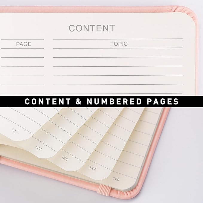 RETTACY Lined Journal Notebook, 192 Numbered Pages, A5 Size (5.7'' x 8.3'') | Leather Hardcover, 100 GSM Thick Paper, for Men & Women, Journaling, Writing, Work & Office (Rose gold)