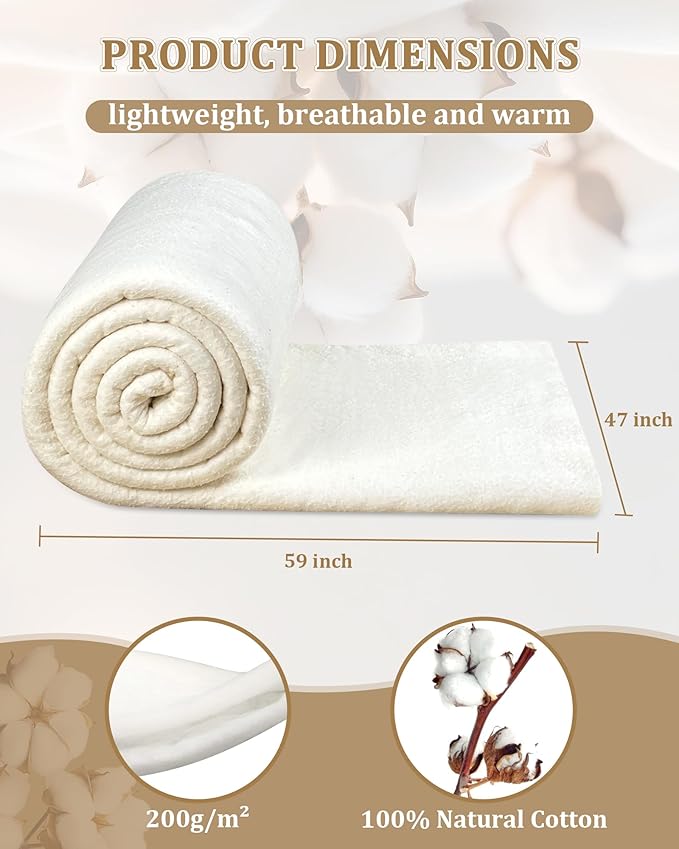 47" x 59" Grinding Natural Cotton Quilt Batting, Quilt Batting for Quilts