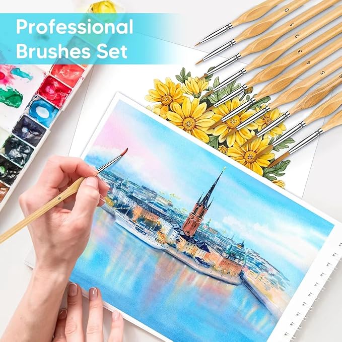 10Pcs Miniature Detail Paint Brush Set, Triangular Wooden Handles | Tiny tips for acrylic, oil, watercolor, models, 40K figurines, face & crafts. Great on canvas, rock & paint by number kits.