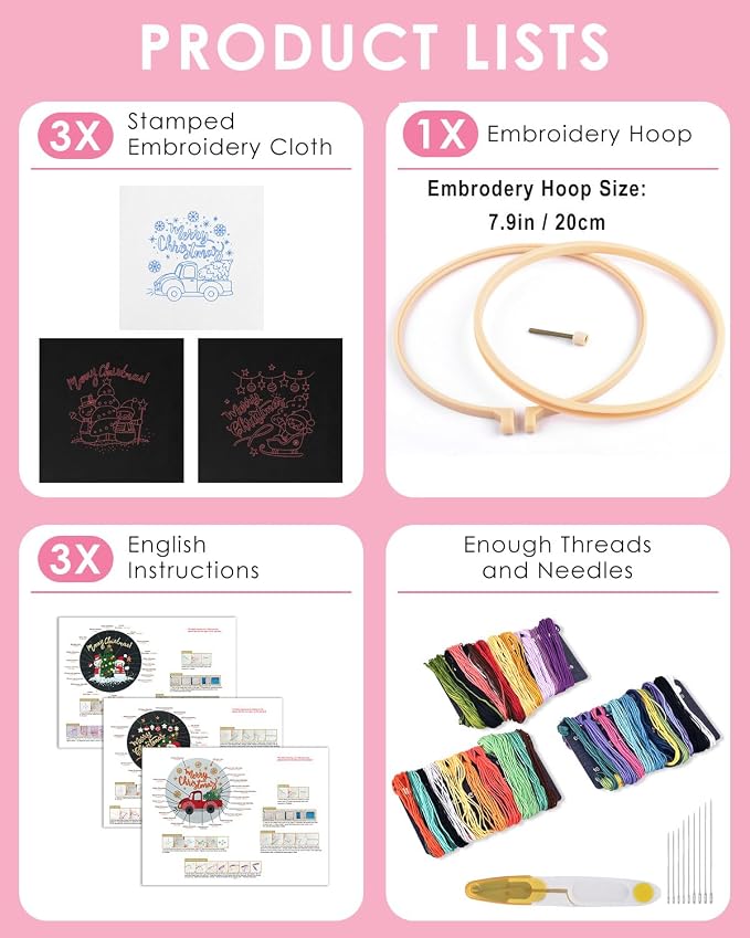 TINDTOP Christmas Embroidery Kit for Adult Beginners, 3 Sets Embroidery Stitch Practice kit Include Embroidery Cloth Hoops Threads for Craft Lover Hand Stitch | 3 Sets for Beginners, Include Embroidery Cloth Hoops Threads for Craft Lover Hand Stitch