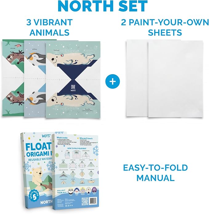 WOYS Floating Origami Boats | North Set | Waterproof Premium Reusable Paper | Screen-Free DIY Arts & Crafts Activity & Gift | 5 Sheets | Bath, Pool & Indoor Play