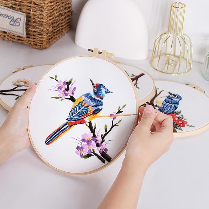 GLTAYLMY 3 Sets Embroidery Kit for Beginners Needlepoint Cross Stitch Kits for Adults,Stitch Learning DIY Kit with Easy Instruction,Stamped Bird Embroidery Patterns,Hoop,Threads,Sewing Hobby
