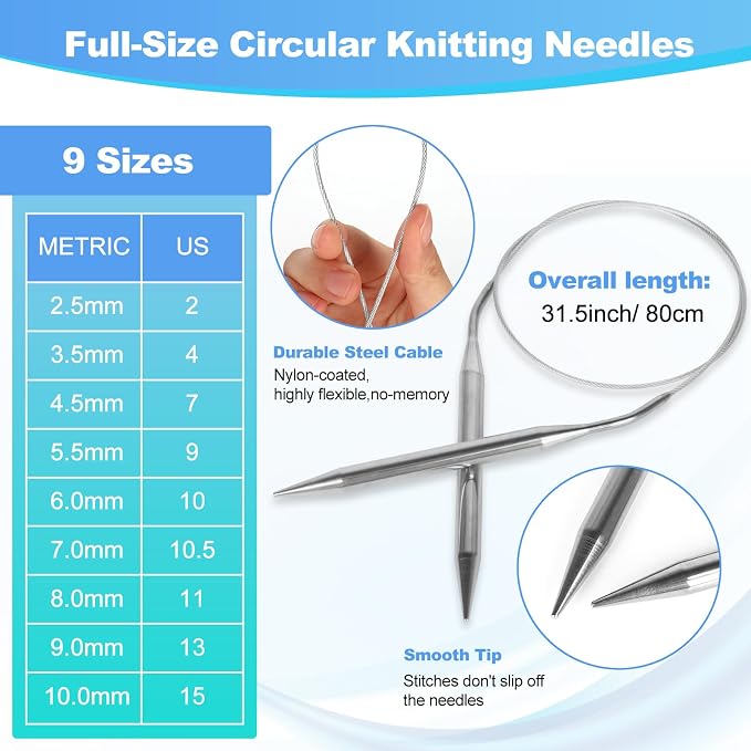 Katech Knitting Needles Set for Beginners, Complete Full Size Knit Needle | 9 Pairs Circular Knitting Needles Set and 22 Pcs Single Pointed Knitting Needle Set with Tote Bag Knitting Accessories